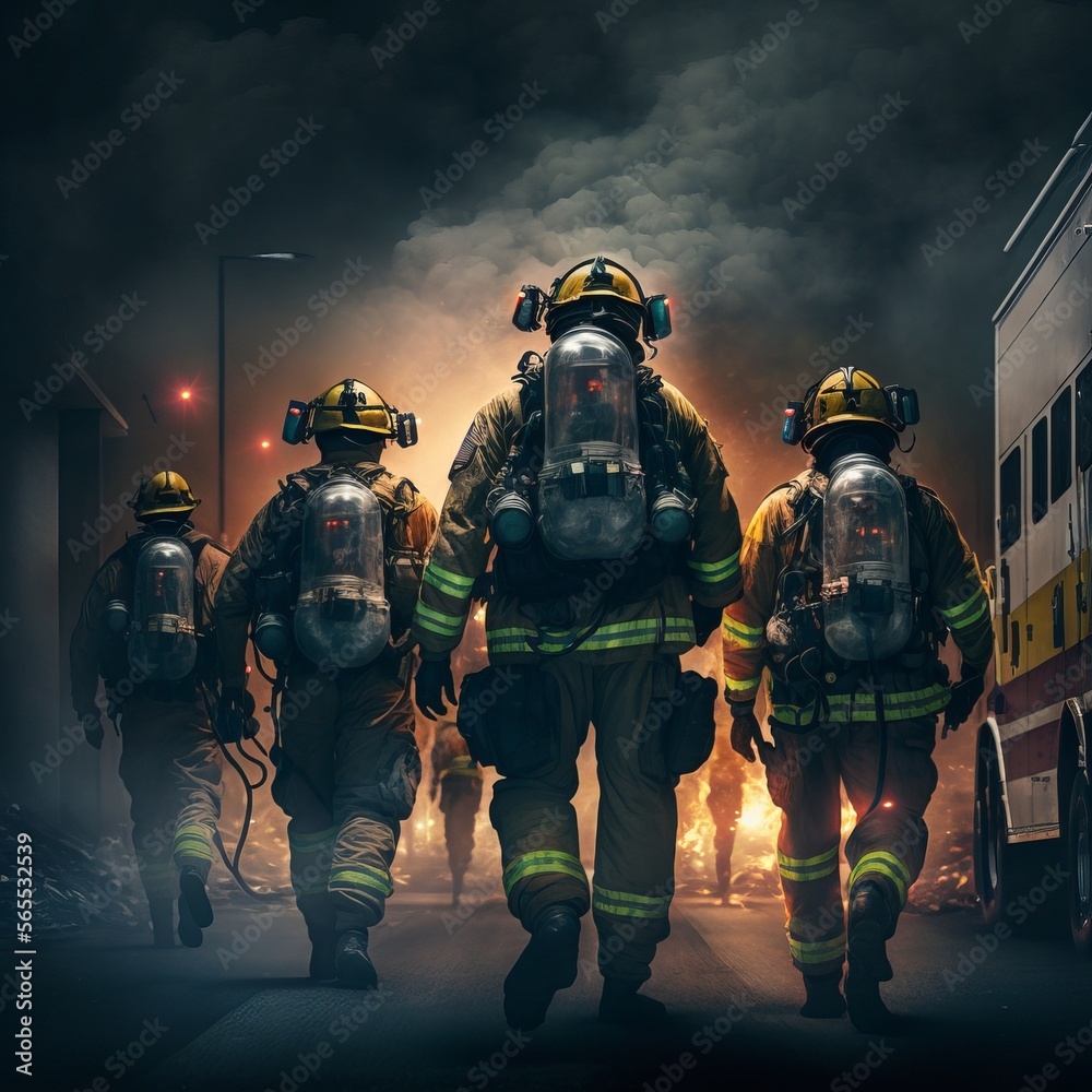 Fototapeta premium Team of Firefighters Responding to an Emergency (generative AI)