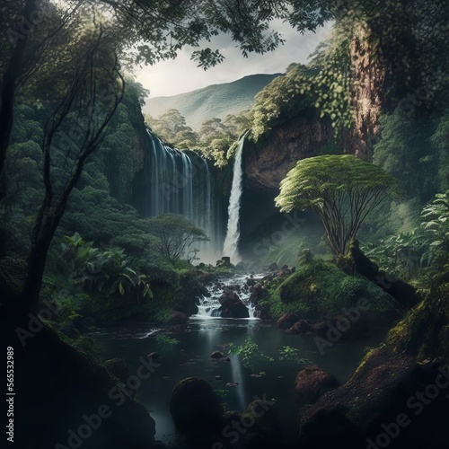 Picturesque Waterfall in Lush Greenery (generative AI)