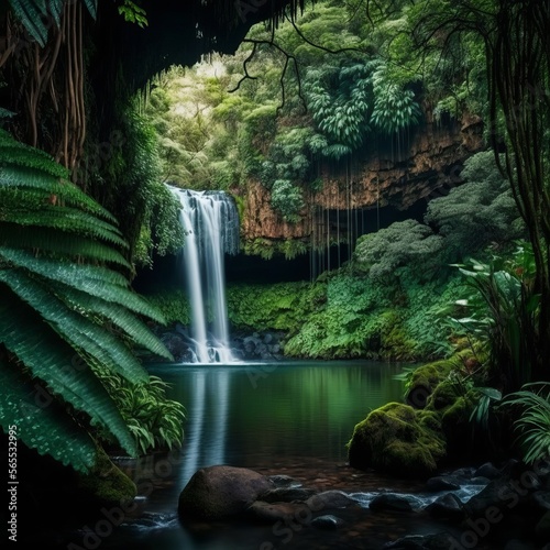 Picturesque Waterfall in Lush Greenery  generative AI 