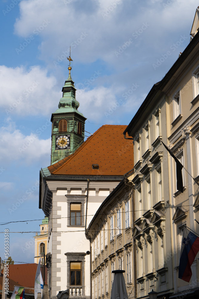A clock tower in Ljubljana, Slovenia