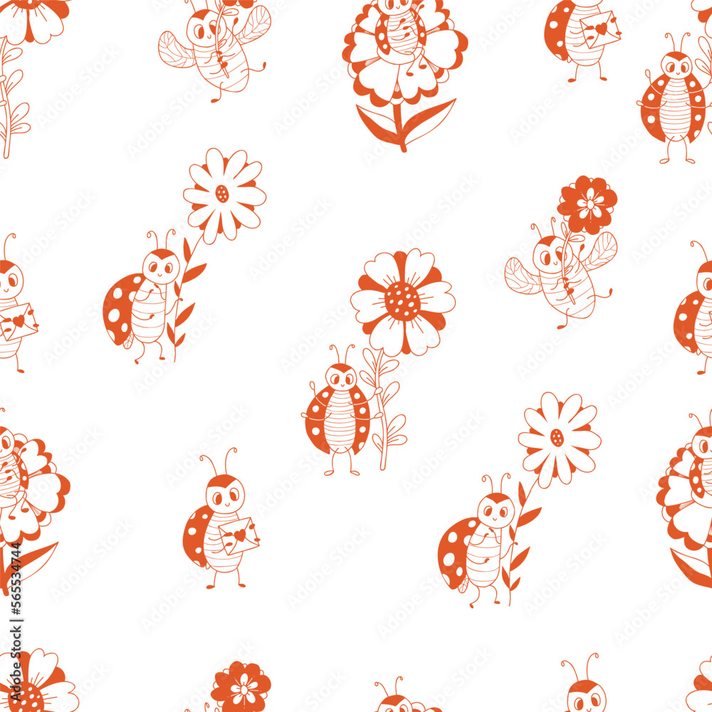 Seamless pattern with cute ladybugs with flowers and love letter on white background. Vector illustration in doodle style. Endless background for decor, design, textiles, packaging, wallpaper. Seamless pattern with cute ladybugs with flowers and love letter on white background. Vector illustration in doodle style. Endless background for decor, design, textiles, packaging, wallpaper.