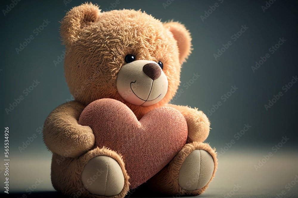 Obraz premium Teddy bear with pink hearth in his hands.