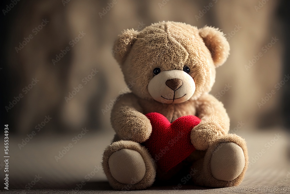 Fototapeta premium Teddy bear with red hearth in his hands.