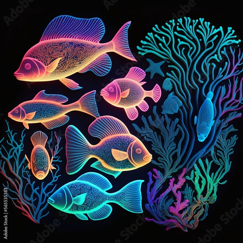 Bioluminescent Fish in Aquarium Black Background