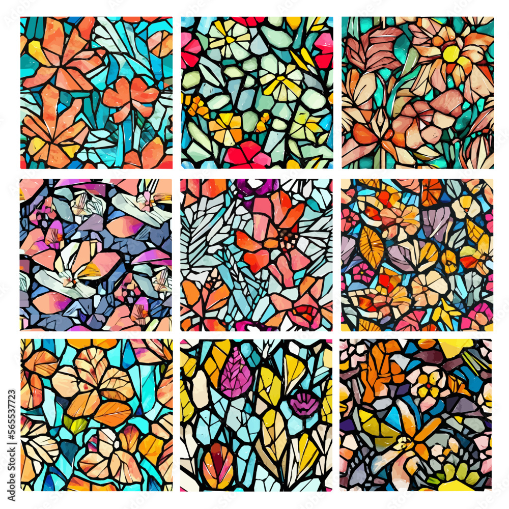 Set of stained glass patterns with flowers and leaves. Colorful vector backgrounds. Set of stained glass patterns with flowers and leaves. Colorful vector backgrounds.