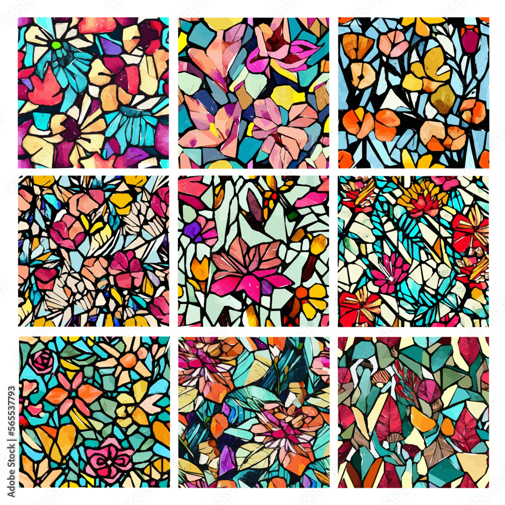 Set of stained glass patterns with flowers and leaves. Colorful vector backgrounds. Set of stained glass patterns with flowers and leaves. Colorful vector backgrounds.