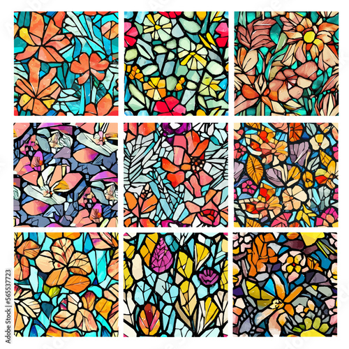 Set of stained glass patterns with flowers and leaves. Colorful vector backgrounds.