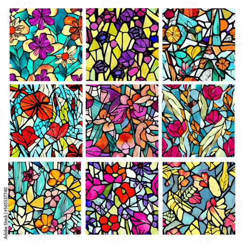Fototapeta Naklejka Na Ścianę i Meble -  Set of stained glass patterns with flowers and leaves. Colorful vector backgrounds.