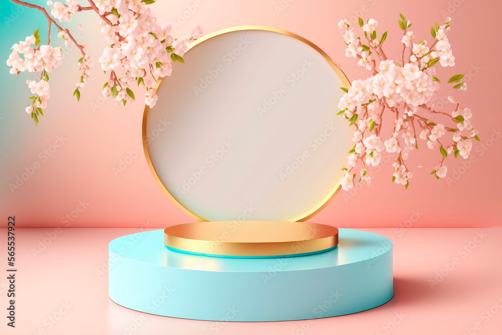 Luxurious golden podium with spring apple blossom Generative AI Luxurious golden podium with spring apple blossom Generative AI