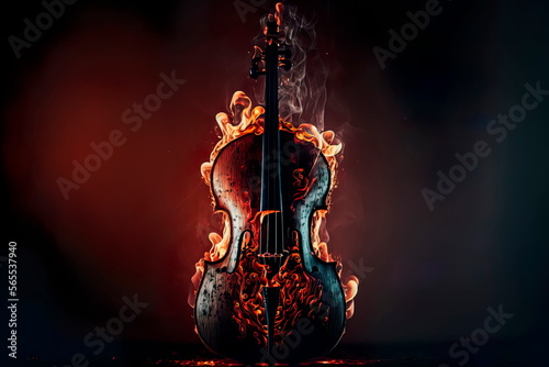 Burning cello music instrument fantasy background Generative AI