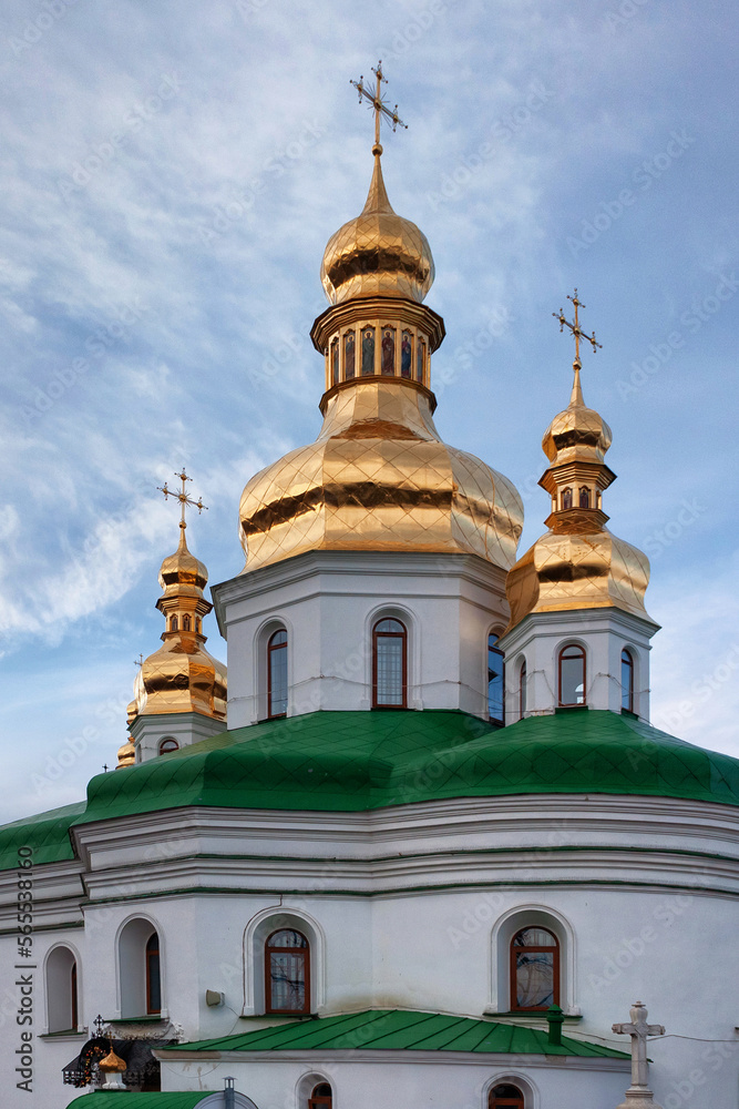 View of the Exaltation of the Cross Church of the Kiev-Pechersk Lavra. The church was built in the 18th century, and it is the most significant building of complex. Kyiv. Ukraine.