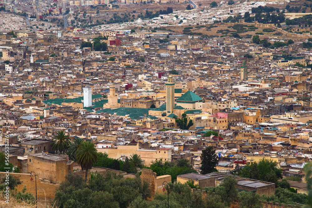 Aerial view of the Fez el Bali medina. Is the oldest walled part of Fez, Morocco. Fes el Bali was founded as the capital of the Idrisid dynasty between 789 and 808 AD.