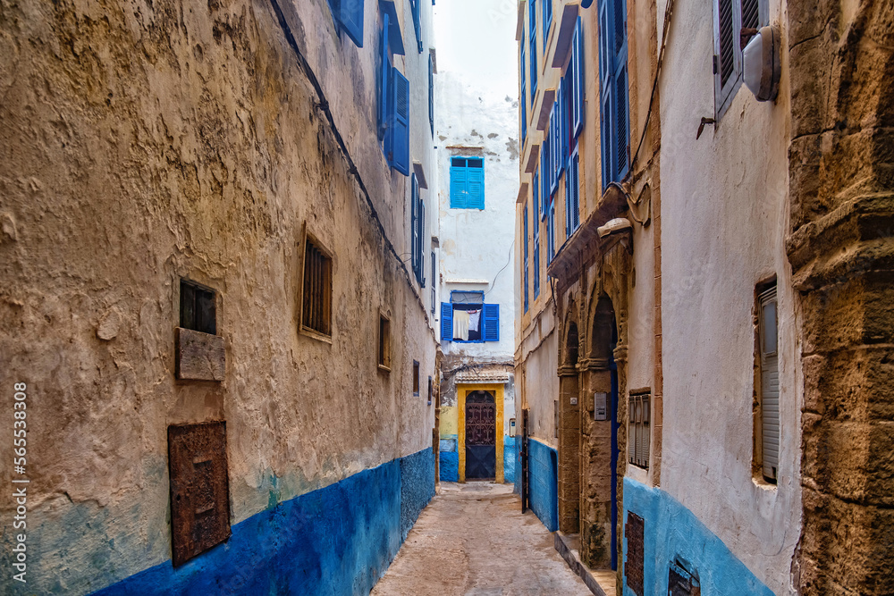 One of the narrow streets in the medina of Essaouira in Morocco.