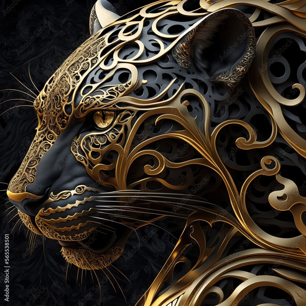 Gold Filigree Inlaid Panther (generative AI)