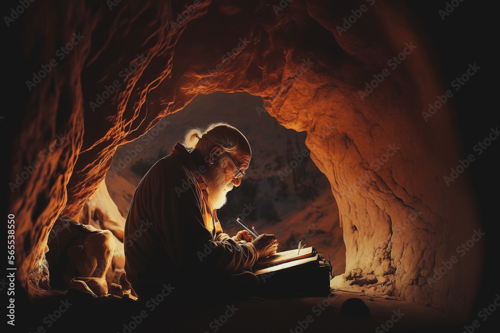 Old man writing his memoir journal in a dark cave. Generative AI - obrazy, fototapety, plakaty 
