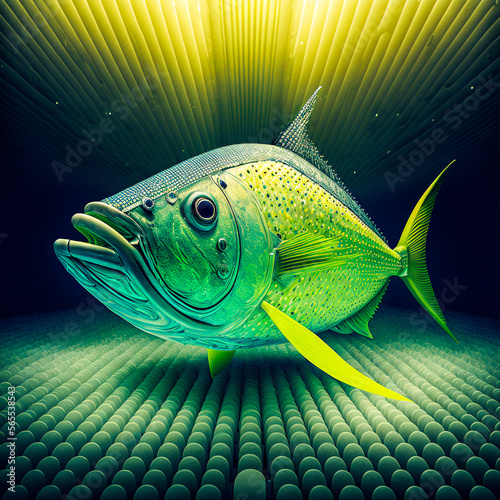 Green and yellow colorful mechanical mahi mahi dorado fish. Generative AI photo