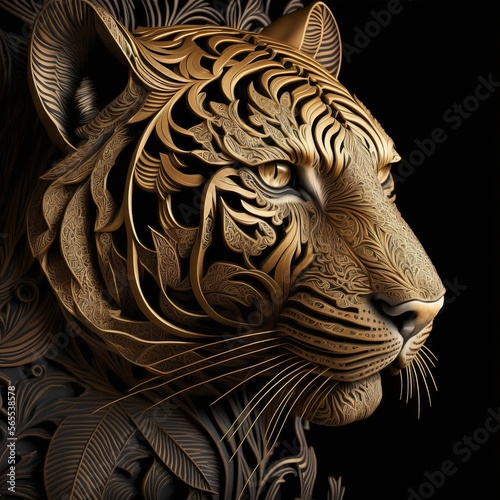 Royal Bengal Tiger Animal Gold Filigree Inlaid Design: Intricate and Elegant Wildlife Artwork Handcrafted with Fine Details and Delicate Patterns Celebrating Nature (more Animal Species in Portfolio)