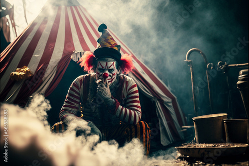 Nasty circus clown surrounded by smoke. Generative AI