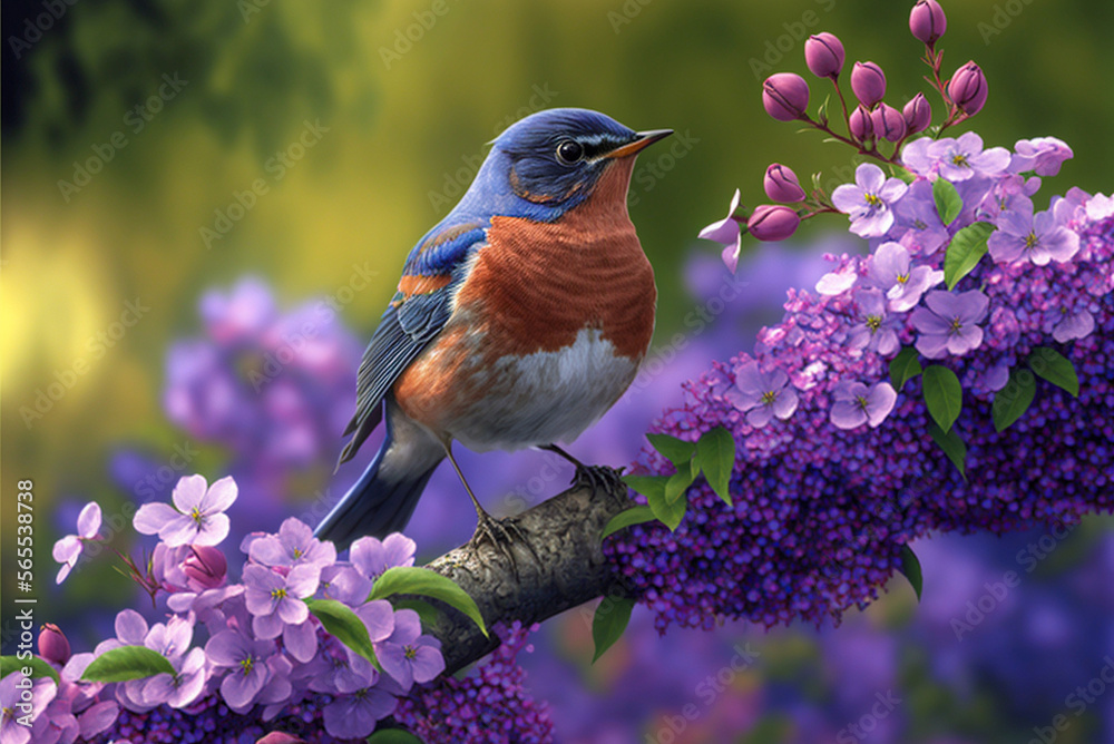 Robin Bird In Spring Season On A Tree Branch Covered With Purple Flowers Generative Ai Stock 4095