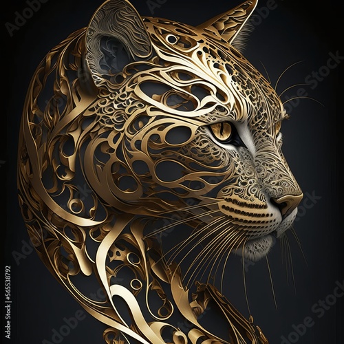 Gold Filigree Inlaid Wild cat  generative AI 