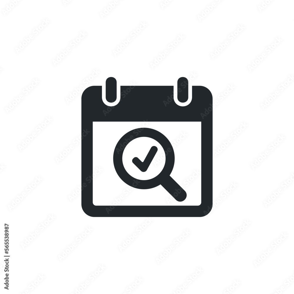 flat vector illustration isolated on white background, calendar icon with magnifying glass and check mark flat vector illustration isolated on white background, calendar icon with magnifying glass and check mark