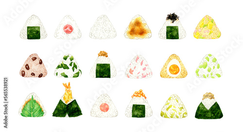 おにぎりのセット　和食の手描き水彩イラスト素材集
