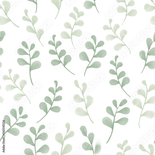 Floral green leaves seamless pattern by watercolor painting in pastel green tone isolated on transparent background