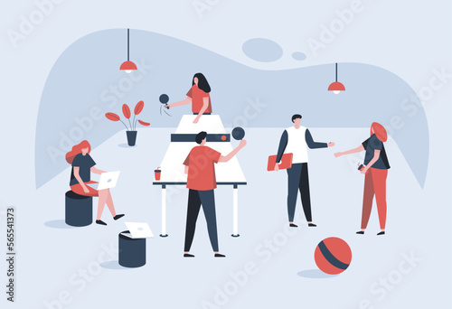 Many people doing office activity. One man & woman are playing each other. Other one is working for office & one man, wonman discuss with some topic. Vector illustration in cartoon style.