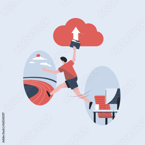 After Complete his office activity. Man upload his document to online & go outside illustration concept. Man taking file & having laptop in his hand. Vector illustration in cartoon style.