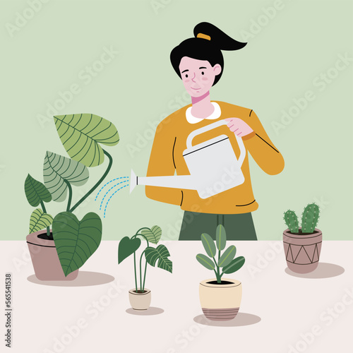 The girl is carefully watering each tree one by one. Flat vector illustration of a household girl. on a vector background.