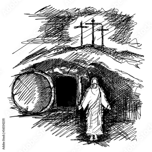 Hand-drawn vector illustration for Easter. The resurrected Jesus Christ came out of the empty tomb.
