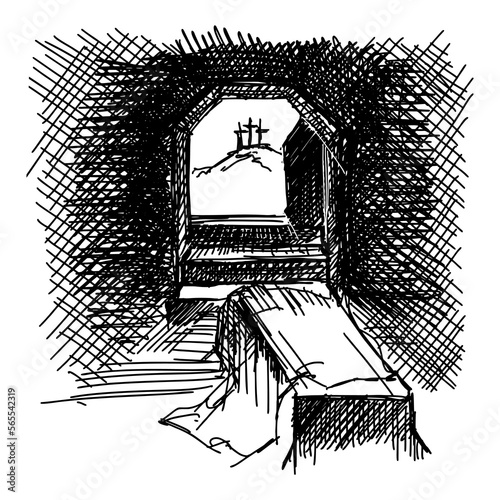 Hand-drawn vector illustration for Easter. A glimpse from the empty tomb of Jesus Christ. The morning of the resurrection.