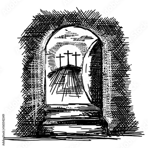 Hand-drawn vector illustration for Easter. A glimpse from the empty tomb of Jesus Christ. The morning of the resurrection.