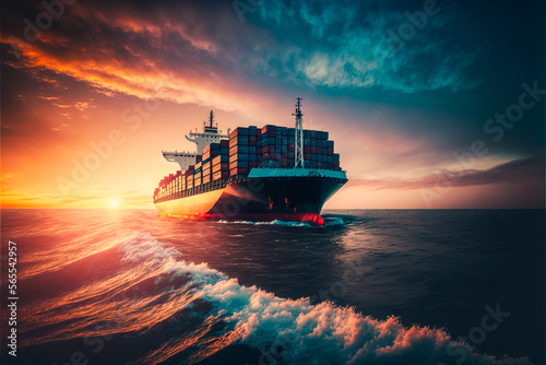 Cargo transportation industry concept. Container ship in the ocean at sunset sky background with copy space, Generative AI. Global business logistics concept. Commercial ocean cargo delivery.