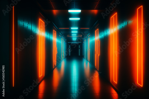 Scifi empty corridor with blue and orange lights. Space ship corridor, Generative AI. Underground alien base hallway. Empty scary spaceship tunnel. Passage on a space station.