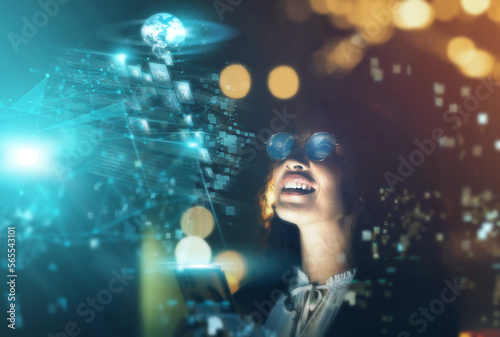 Woman  tech overlay and cellphone in office for finance research  data analytics or coding in night. Cybersecurity expert  focus and happy in dark workplace with 3d hologram abstract for programming