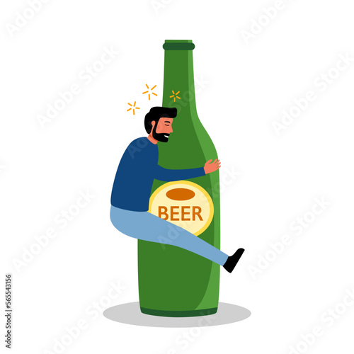 Drunk man hugging beer bottle in flat design. Alcoholic character. Alcohol addiction.