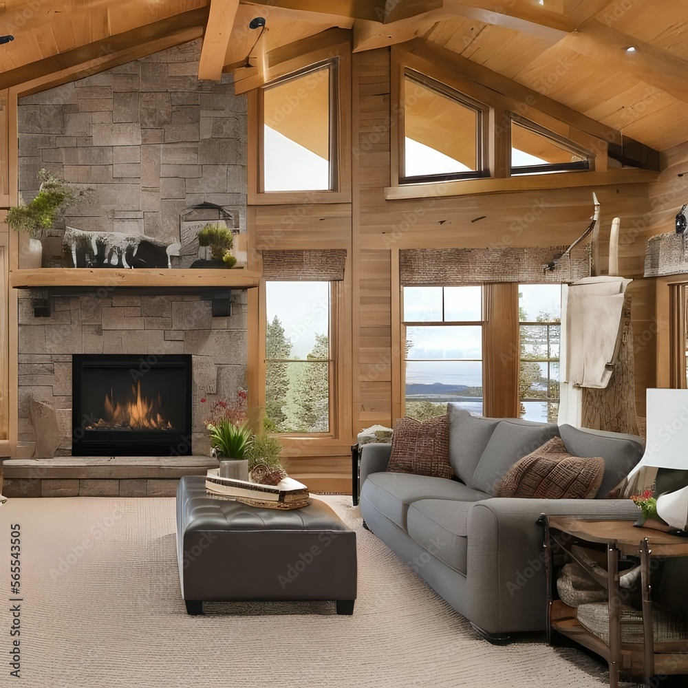 A cozy and cabin-inspired family room with a stone fireplace and plaid upholstery2, Generative AI A cozy and cabin-inspired family room with a stone fireplace and plaid upholstery2, Generative AI