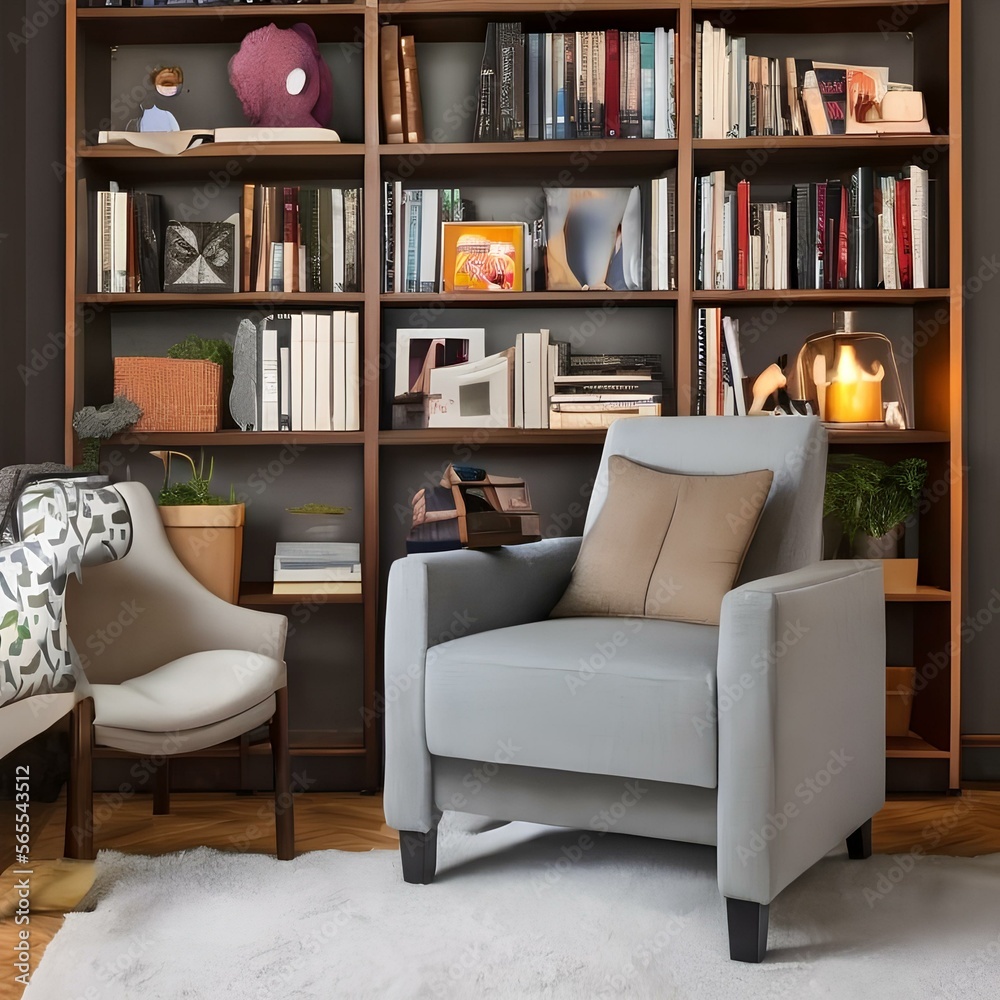 A cozy and comfortable reading nook with a plush armchair and a bookshelf3, Generative AI A cozy and comfortable reading nook with a plush armchair and a bookshelf3, Generative AI