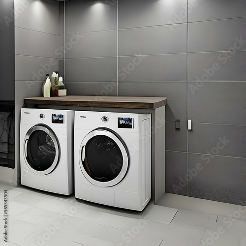Wallpaper Mural A contemporary and minimalist laundry room with a stainless steel washer and dryer3, Generative AI Torontodigital.ca