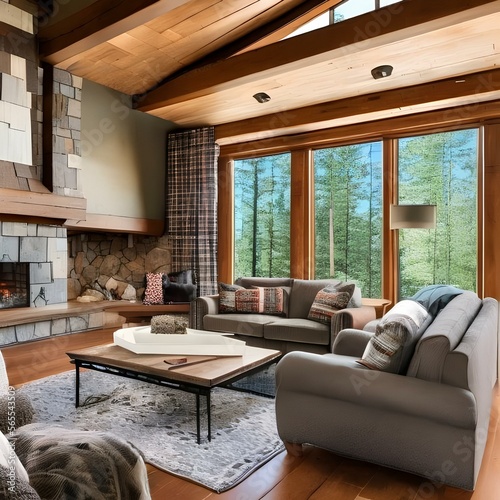 A cozy and cabin-inspired family room with a stone fireplace and plaid upholstery3, Generative AI
