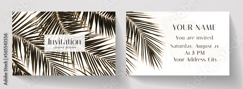 Tropical invitation card with line palm leaf pattern (gold palm tree leaves). Premium golden vector on white background for wedding invite, Gift card, voucher, gift certificate