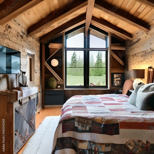 A rustic and cozy bedroom with a wooden beam ceiling and a vintage quilt2, Generative AI photo