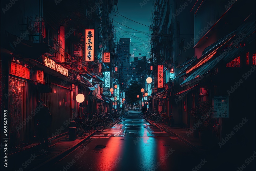 A dark neon city street at night