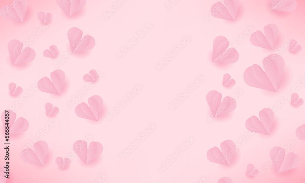 Paper elements in shape of heart flying on pink background., Happy Valentine's day card hearts, birthday greeting card vector design.