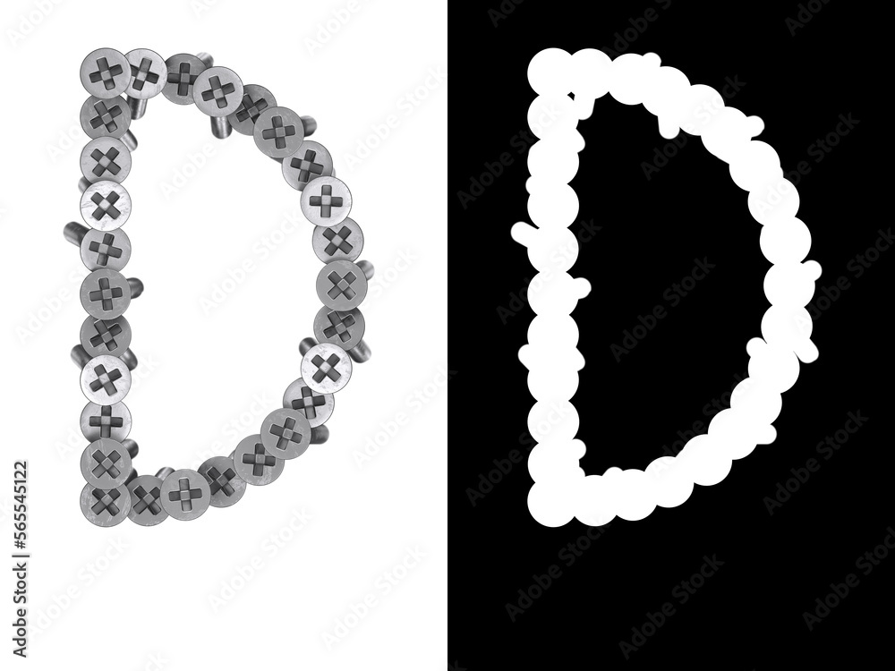 Letter D made of screws screwed into a white surface with clipping mask, 3d rendering Letter D made of screws screwed into a white surface with clipping mask, 3d rendering