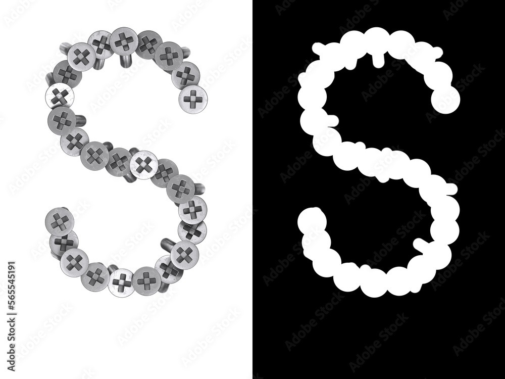 Letter S made of screws screwed into a white surface with clipping mask, 3d rendering Letter S made of screws screwed into a white surface with clipping mask, 3d rendering