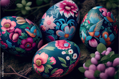 Close-up of cute easter eggs with colorful floral drawings - generative ai