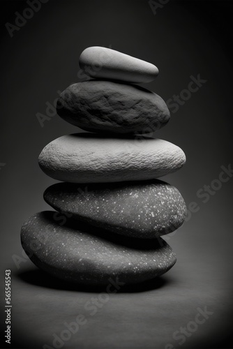 Zen stones stacked in pyramid shape. Isolated on dark background. Spiritual work and meditation concept. Generative ai.