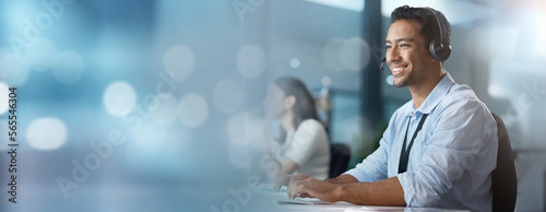 Tableau sur toile Crm, mockup or consultant typing in a call center helping, talking or networking online via email
